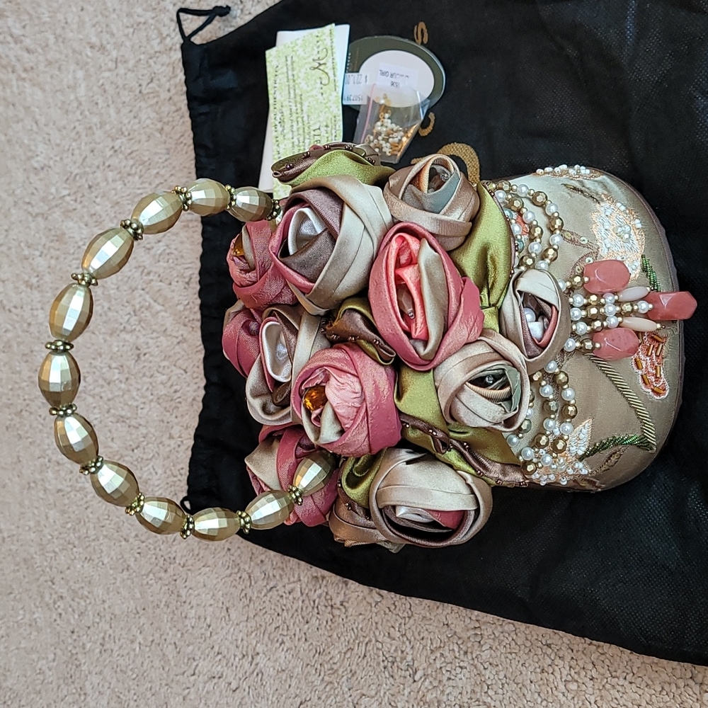 Mary Frances Beaded Bucket Bag: "Glamour Girl" Satin w/Layered Satin Rosette